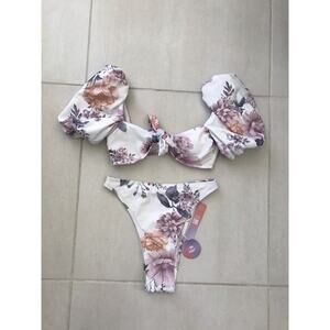 Cupshe + Jojo Swim Fletcher Eden Floral Puff Sleeve High Rise Bikini Swimsuit